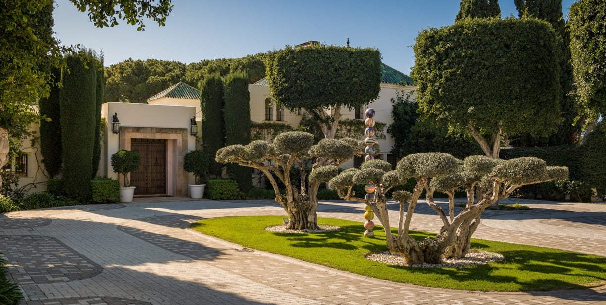 Main entrance of Villa El Rincon in Marbella, featuring a grand rotunda framed by two elegant olive trees.