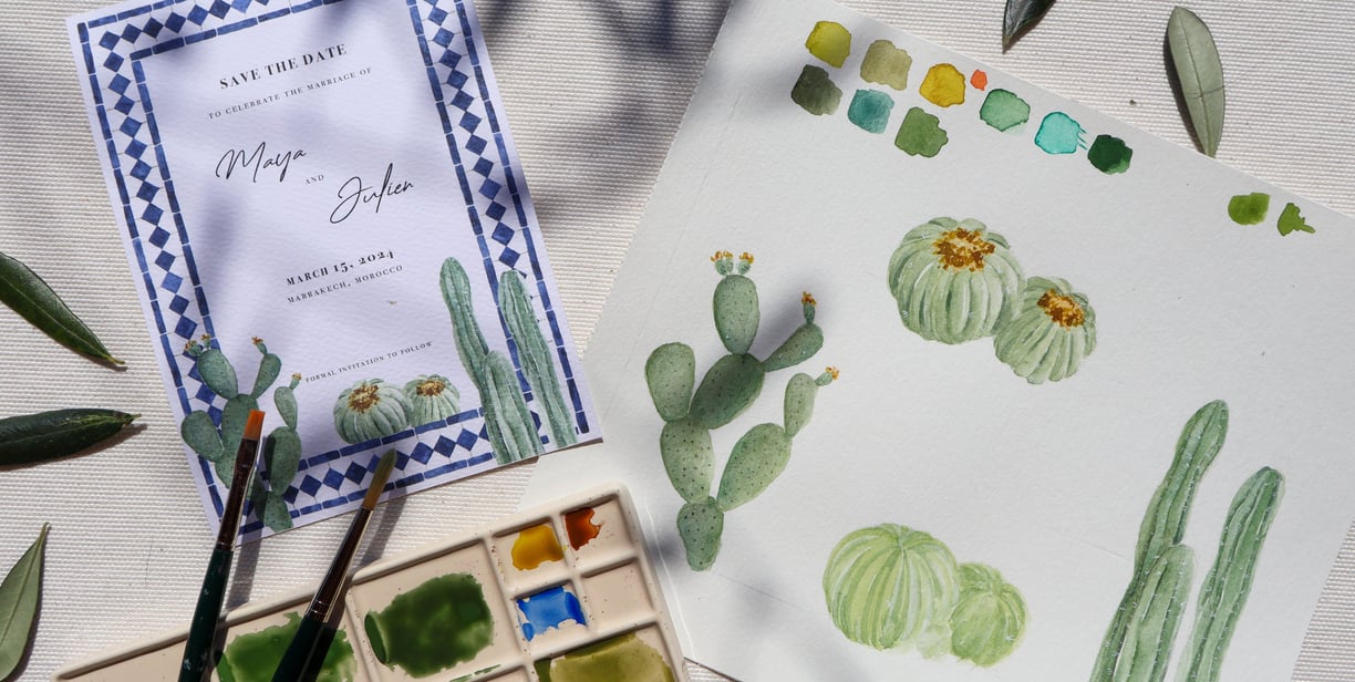final wedding invitation with original artwork and watercolors 
