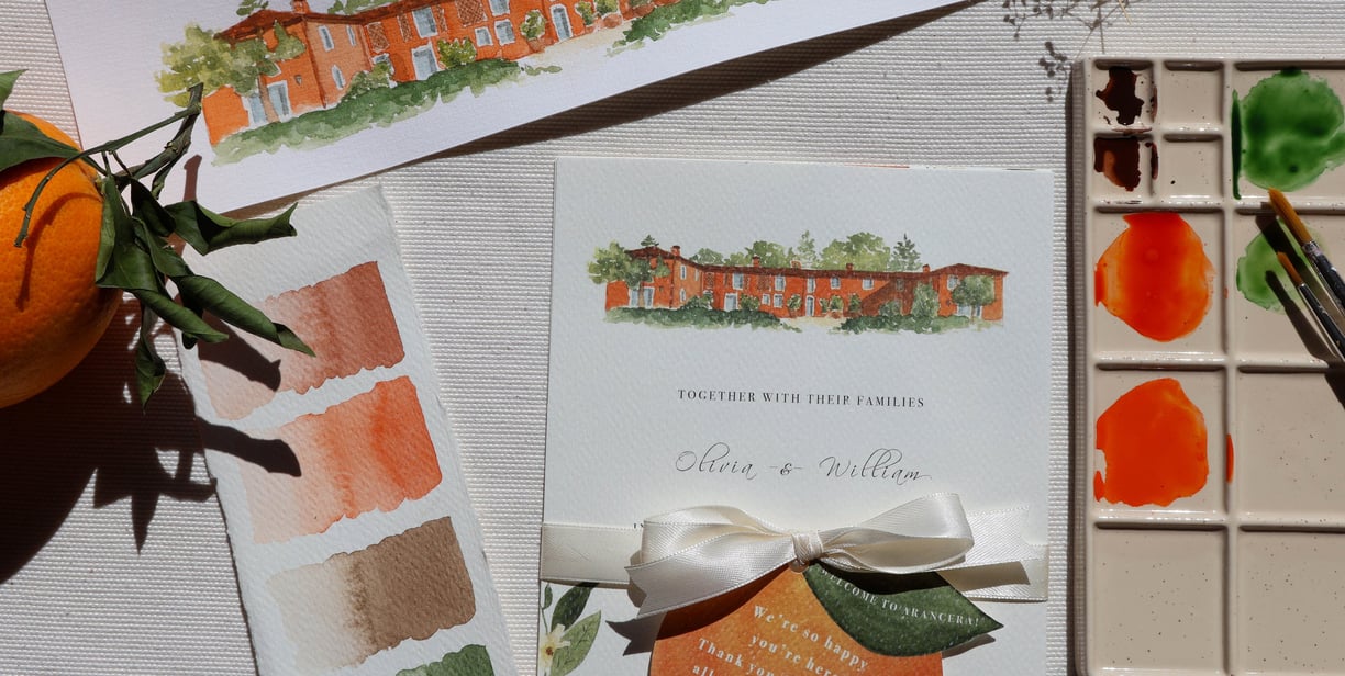 close up of final invitation with color swatches and original artwork of house
