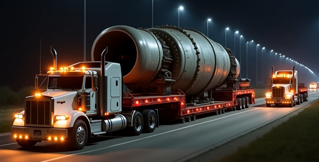 a truck with a large pipe - like structure on the side of the road