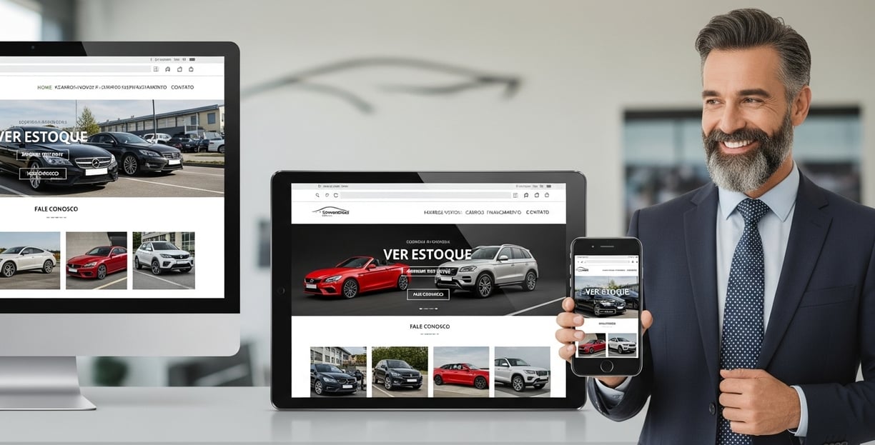 A professional website for a car business, with text in Portuguese, displayed correctly on a desktop
