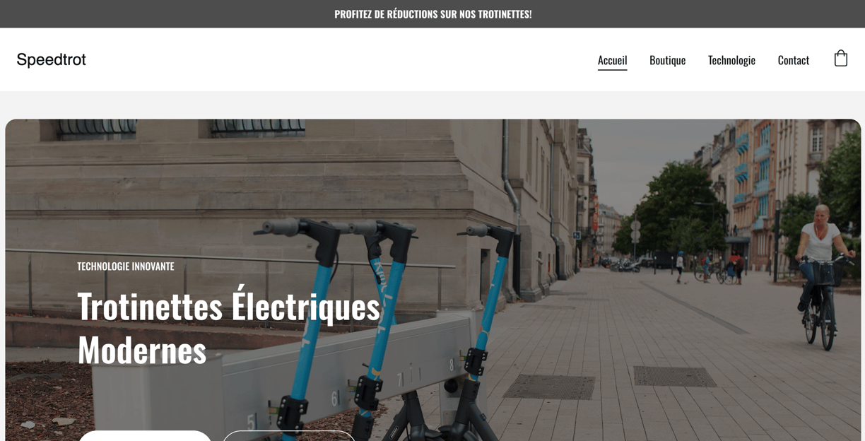 Page d'accueil d'un site web montrant des trottinettes électriques