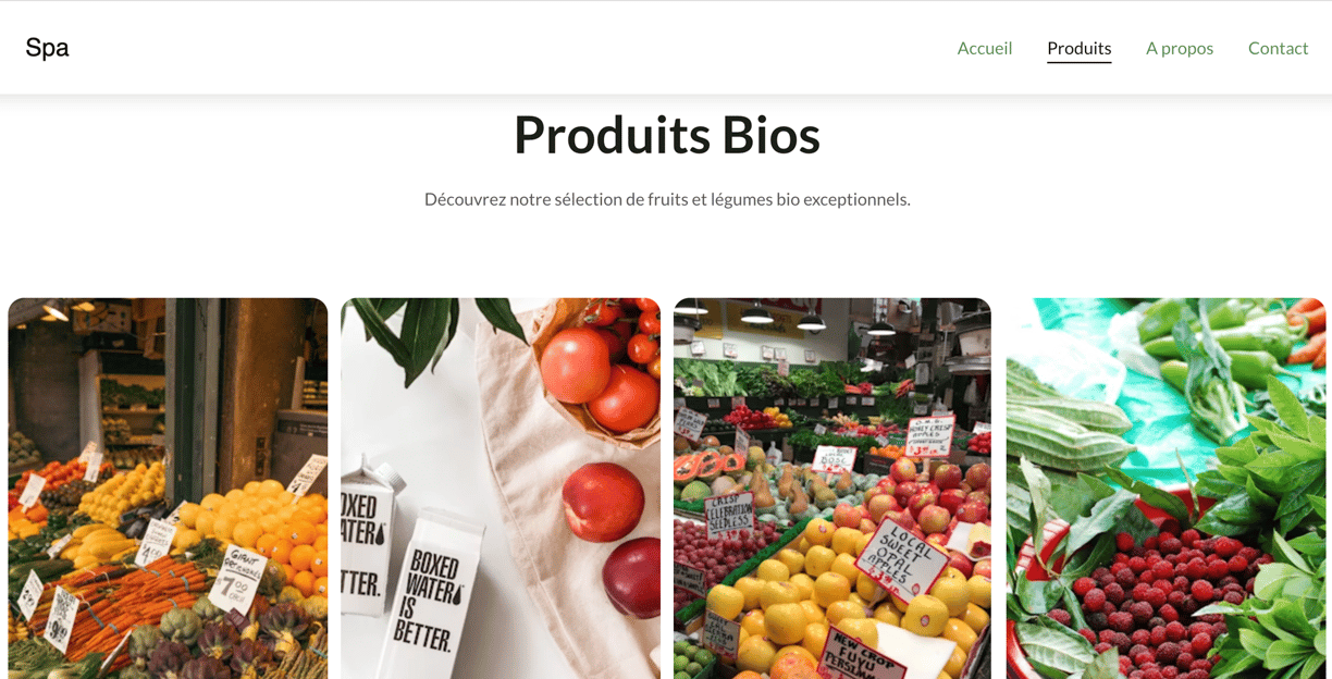 Section d'un site web montrant différents fruits et légumes bios proposés par le magasin