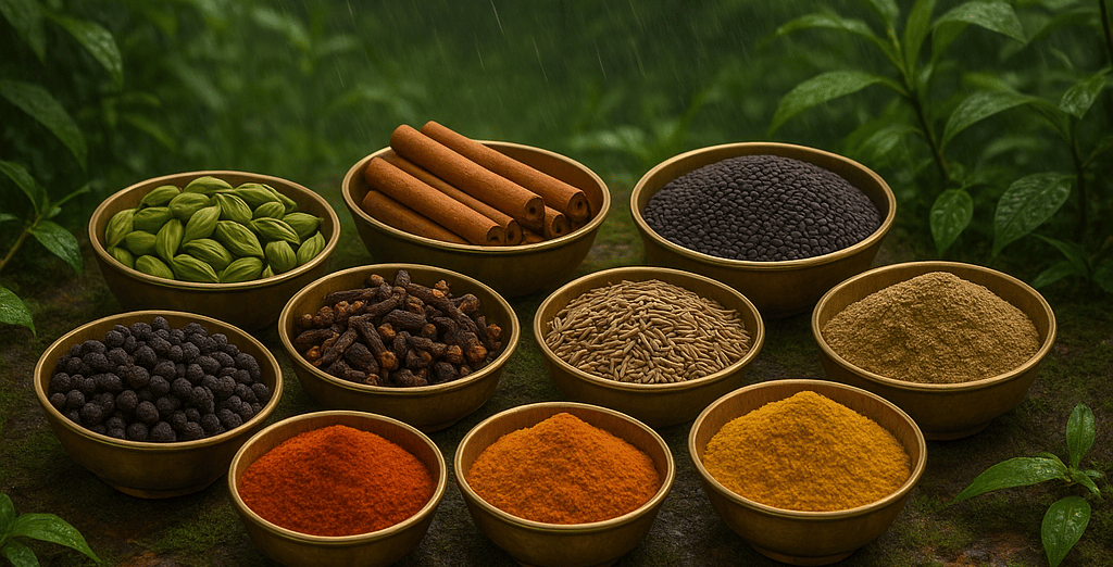 Black Pepper, Green Cardamom, Mustard seed, Cinnamon sticks, Cloves, Cumin Seed, Chili Powder,