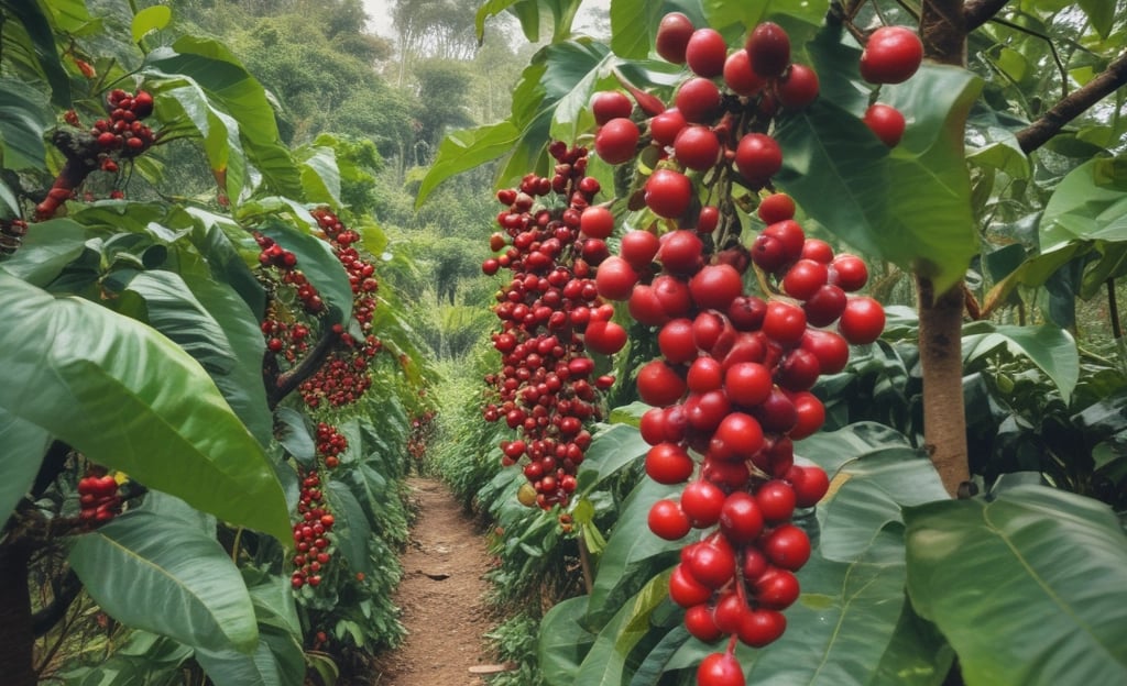 A white coffee bag labeled 'Bix Coffee' sits partially obscured by green foliage. The label provides information about the coffee, including its origin from Indonesia, roast type as Omni, and process as washed. A QR code and contact information are also visible on the package.