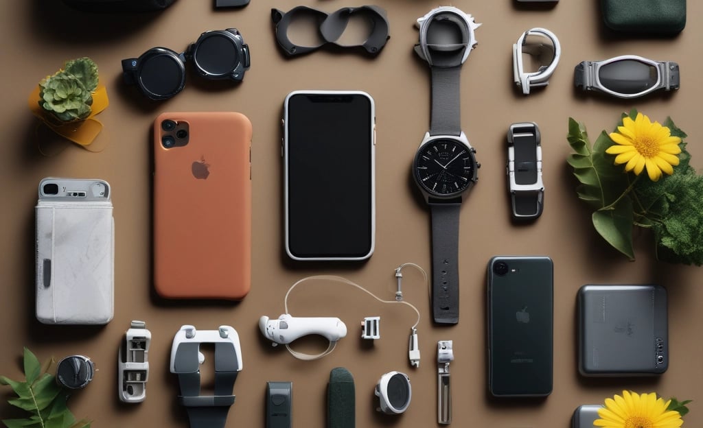 A collection of various smartphone and watch accessories is arranged neatly on a dark surface. The items include colorful phone cases with designs and labels, assorted watch bands in different materials and colors, and some packaged accessories. In addition to the tech accessories, there is a partial view of a green plant with yellow flowers and an over-ear headphone in the corner.
