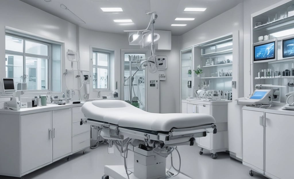 Medical equipment is neatly mounted on a white wall, including an otoscope, an ophthalmoscope, a sphygmomanometer, and a thermometer. The layout suggests a clinical setting likely intended for patient examination.