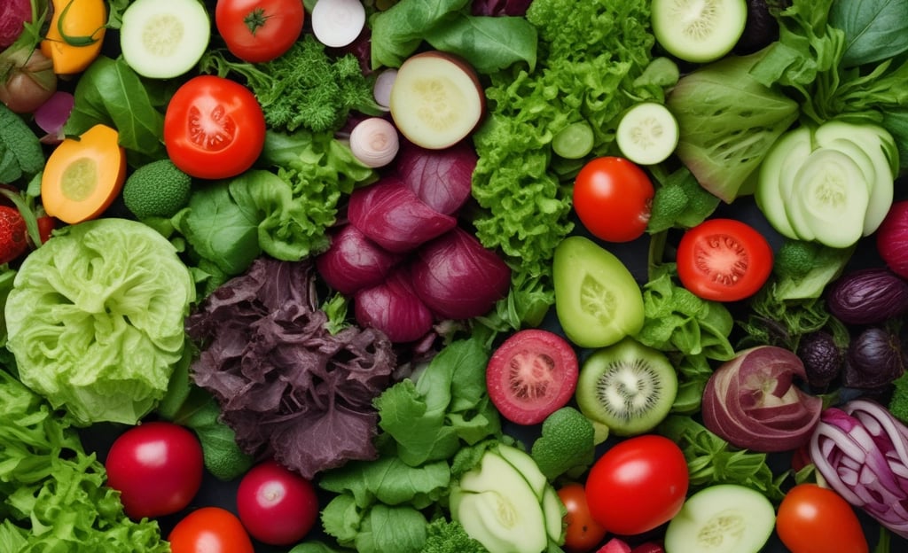 a variety of vegetables and fruits are shown here