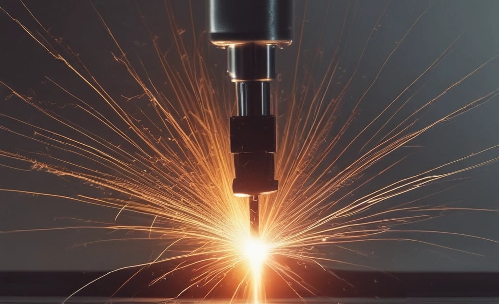 A laser engraving or cutting machine is positioned above a metallic surface, with its nozzle directed downward. The machine features warning labels, and the environment appears industrial, with a grid-like surface underneath.