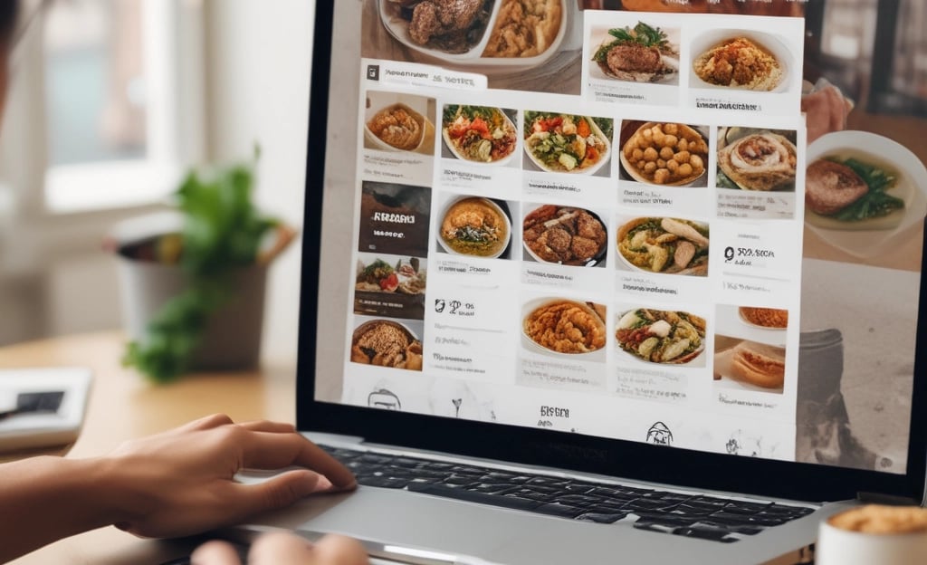 A person is using a laptop, navigating through thefood delivery website. The screen displays various food items available for delivery in Montreal, QC, including options like McDonald's and Thai Express. The person appears to be browsing with their hand near the trackpad.