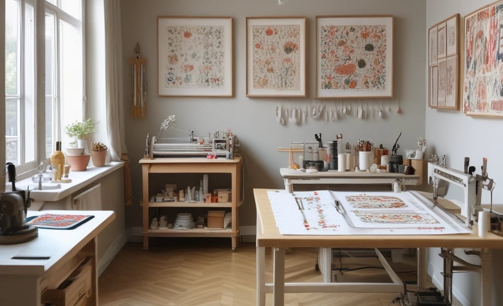 A small embroidery shop with a vibrant blue facade situated on the corner of a street. The windows display designs reminiscent of traditional embroidery, and there is a classic streetlamp mounted on the side of the building. Potted plants add a touch of green to the window ledges above.