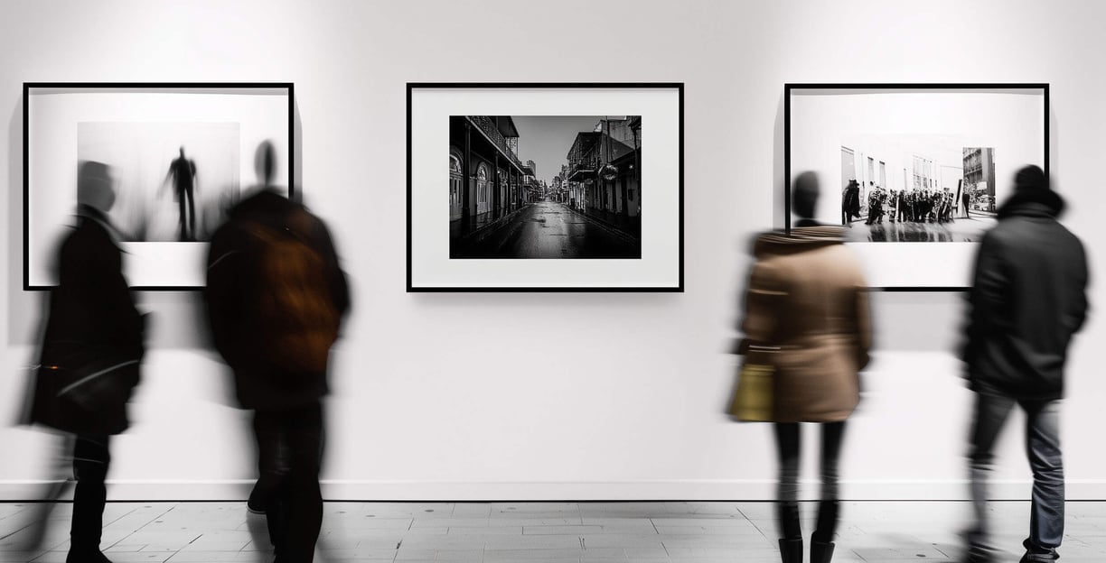 Time-lapse of visitors viewing Bourbon Street artwork in gallery setting.
