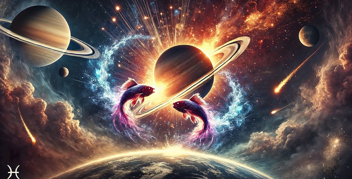 Saturn and Pisces colliding in a powerful cosmic explosion, symbolizing astrological transformation,