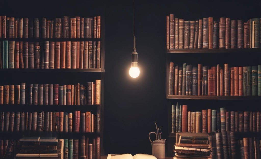 A bookstore with shelves filled with a variety of books arranged neatly. There is a table in the foreground stacked with several different books with colorful covers, featuring notable authors and titles. Books are stacked both vertically and horizontally, showcasing different genres.