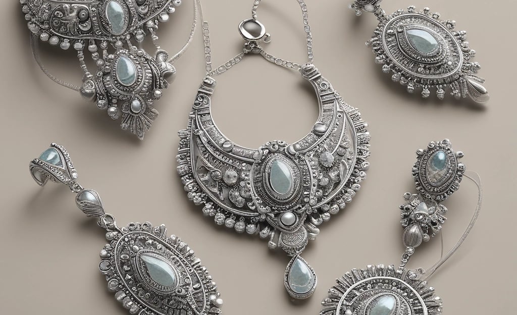 A collection of silver jewelry, including a pair of earrings and a necklace with geometric designs and green stones, is displayed on a textured wooden surface.