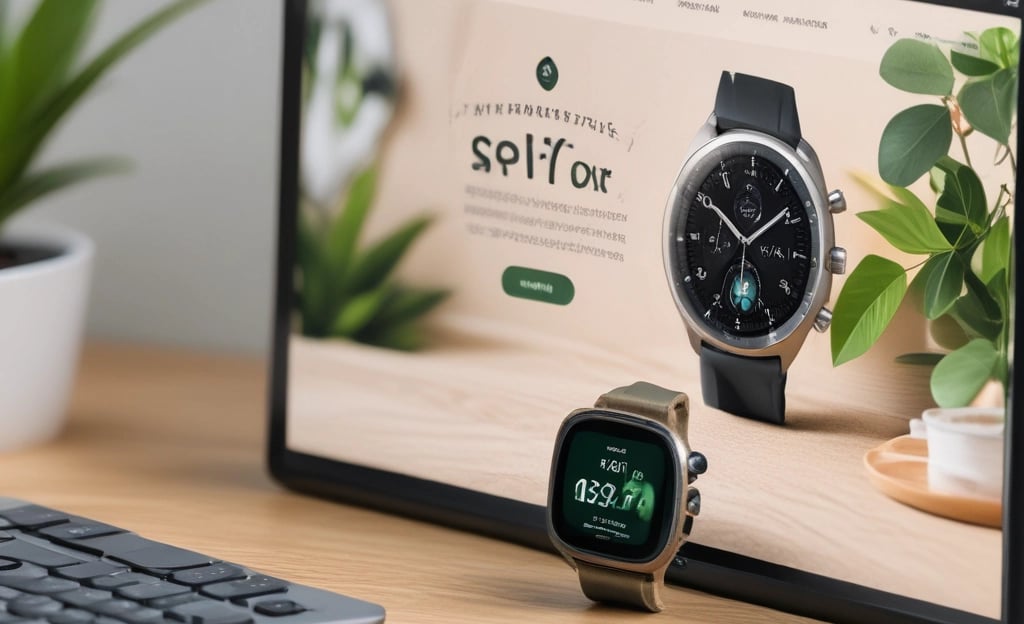 A laptop displays a web browser on the  homepage, showing a prominent green advertisement offering up to 70% off on Apple tech with a two-year warranty. The ad features images of a smartwatch and a smartphone. The surrounding environment includes a wooden table and blurred indoor plants in the background.