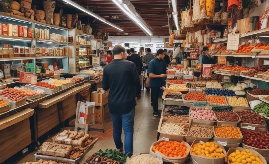 A busy grocery store aisle filled with shelves stocked with a variety of snacks and packaged goods. People browse the selection, with numerous jars containing various dried foods in the foreground. Cardboard boxes are stacked above the shelves, and fluorescent lighting illuminates the space.