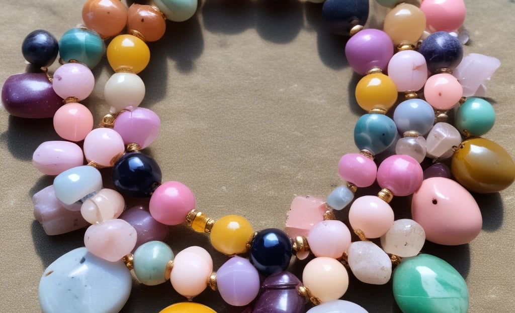 A collection of traditional jewelry and ornaments displayed on a vibrant orange fabric. The arrangement features a double-stranded pearl necklace, two colorful bangles in green and gold, a circular brooch with turquoise embellishments, a small round container holding red colored powder, and a decorative box. A pink and gold fabric is partially visible in the background, adding richness to the composition.