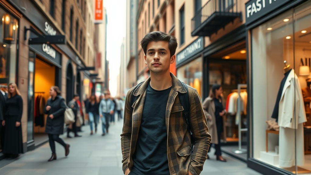 a man in a jacket and jeans standing in a city