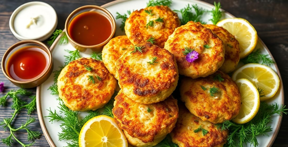 crispy lemon crab cakes with garnish and dipping sauces