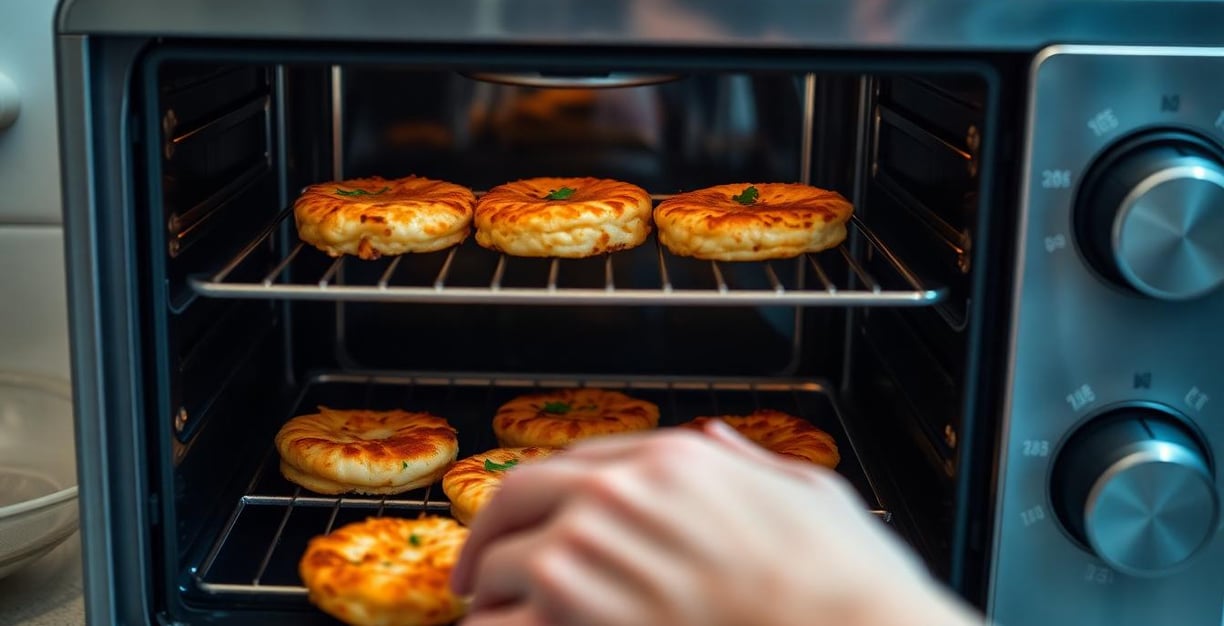 a person reheating crispy lemon shrimp cakes in a toaster oven