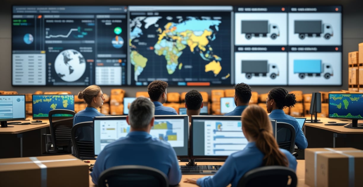 a group of people in a room with multiple monitors