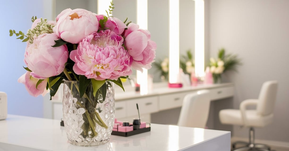 a vase with pink flowers in a vase on a table