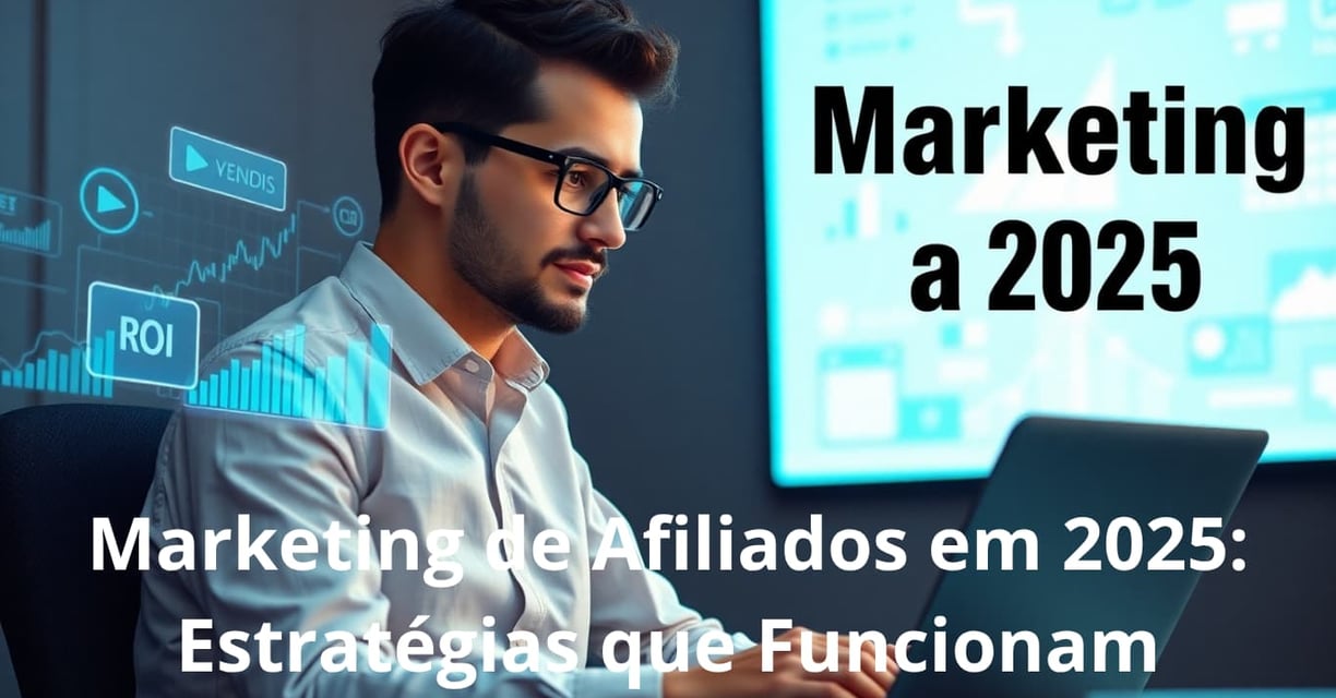 Empreendedor digital com gráficos de marketing ao fundo.