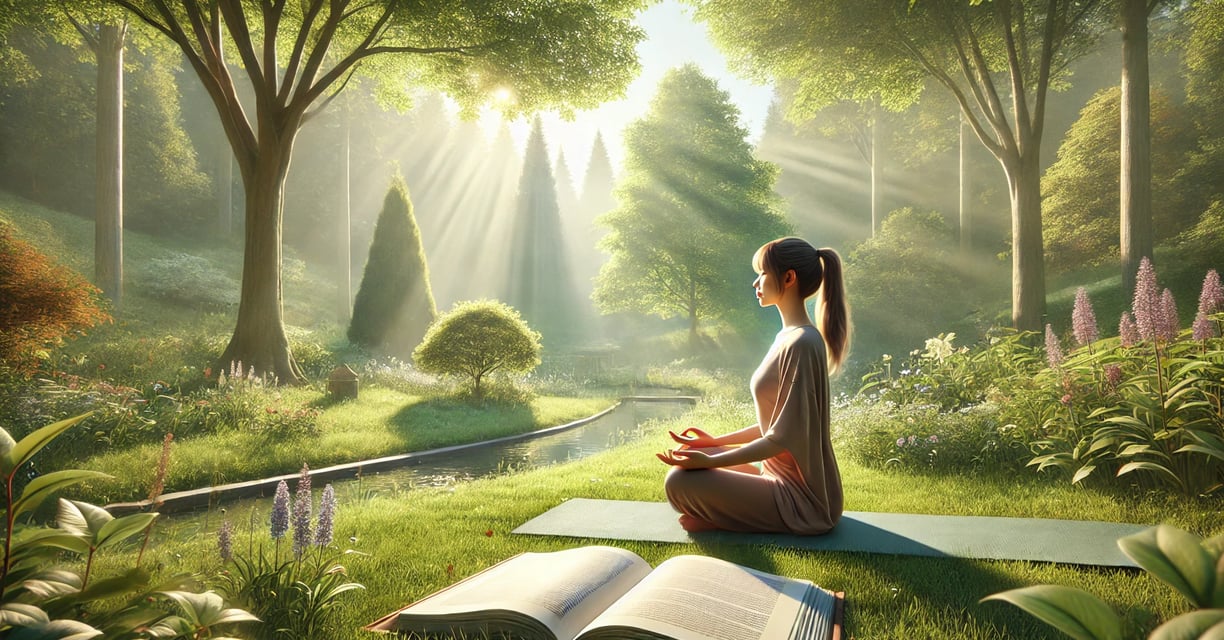 A person reading a calming book with a peaceful backdrop.