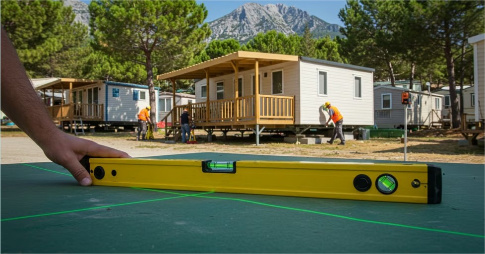 <img src="tecnicos-nivelando.jpg" alt="Técnicos especializados nivelando un mobil home con herramien