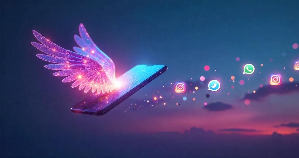A smartphone flying with Instagram, Facebook, and WhatsApp icons trailing like fairy dust