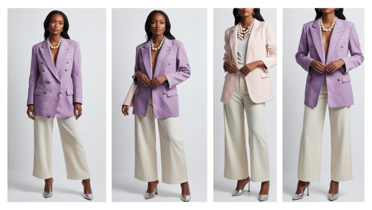 A woman wearing a lilac double-breasted jacket and wide-leg cream pants.