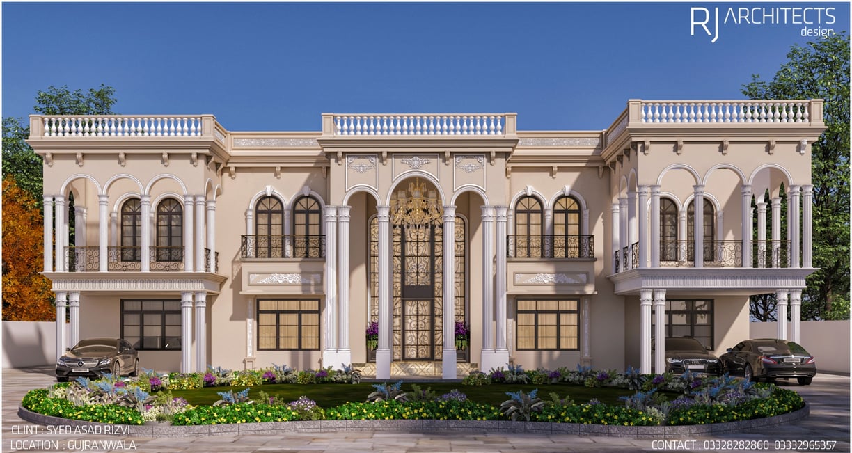 Neoclassical mansion 3D rendering with grand entrance and arched windows