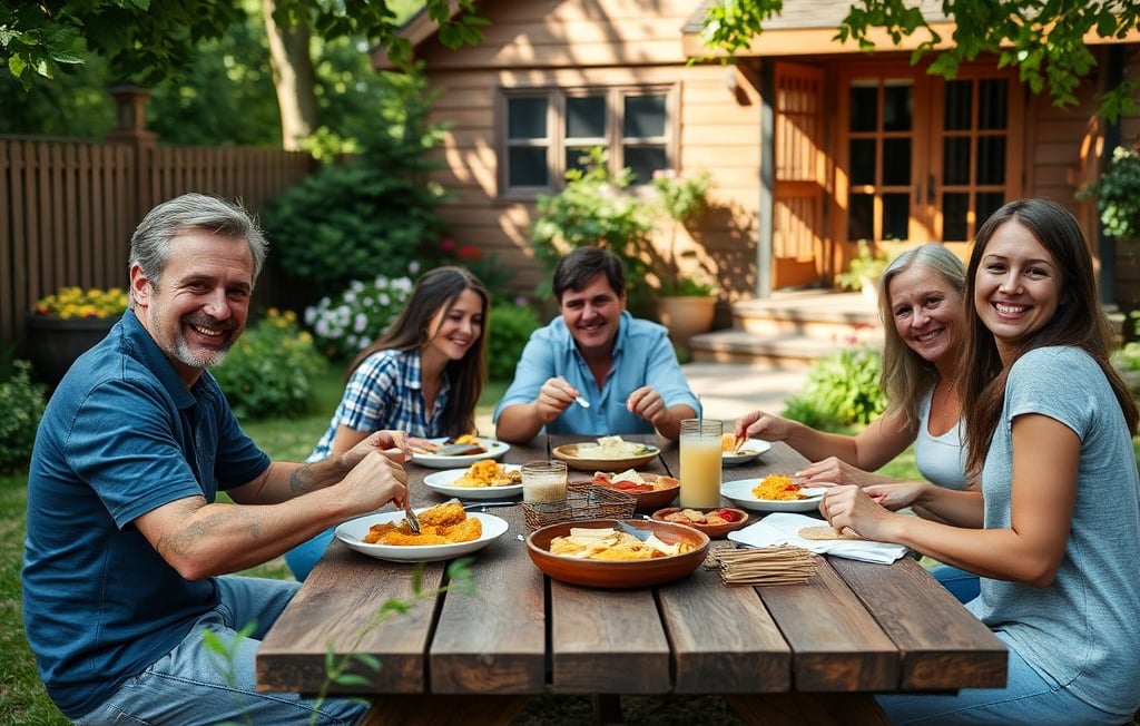 um grupo de pessoas sentadas à mesa com comida - Alliance Terranova Imobiliária
