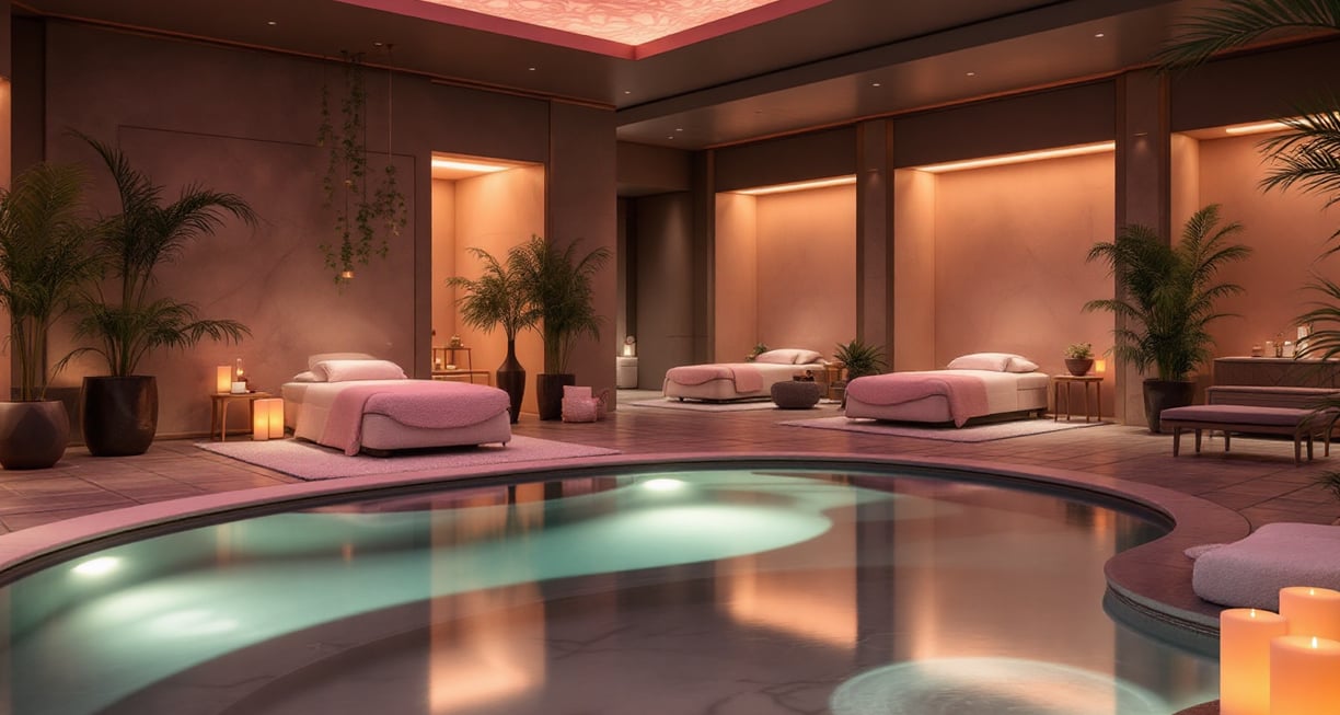a spa with a pool and candles