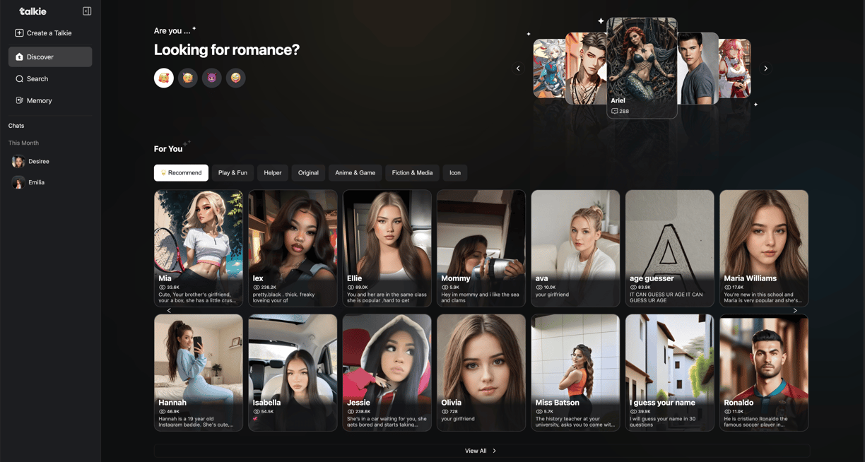 Screenshot of Talkie AI homepage