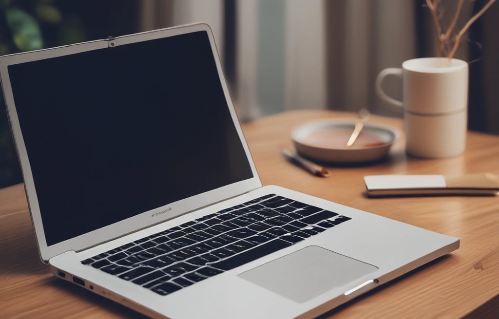 a laptop computer sitting on a table with a vase of flowers