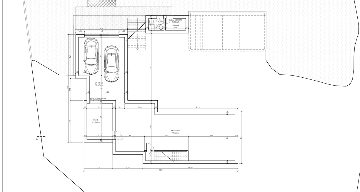 Moradia em Vila Alegre. Projeto de Arquitetura. Planta do Piso -1.