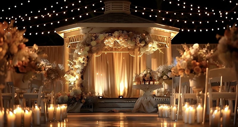 a gazebo with candles and candles