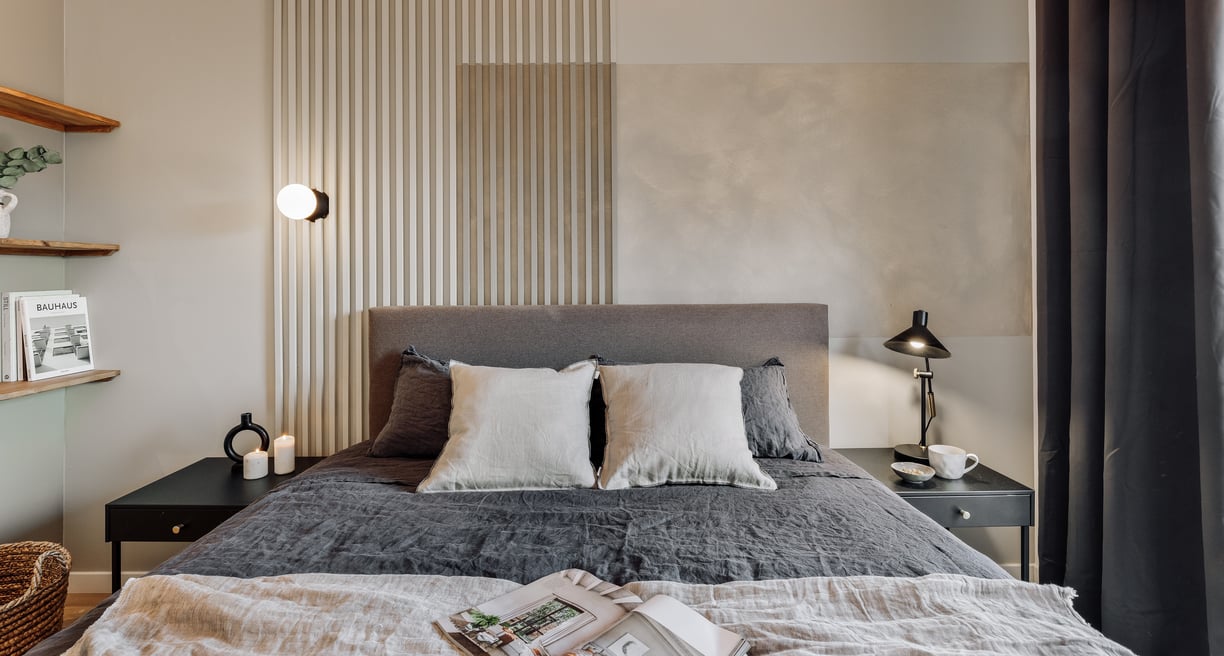 Contemporary Bedroom with custom relief art panels, neutral tones and minimalist interior design