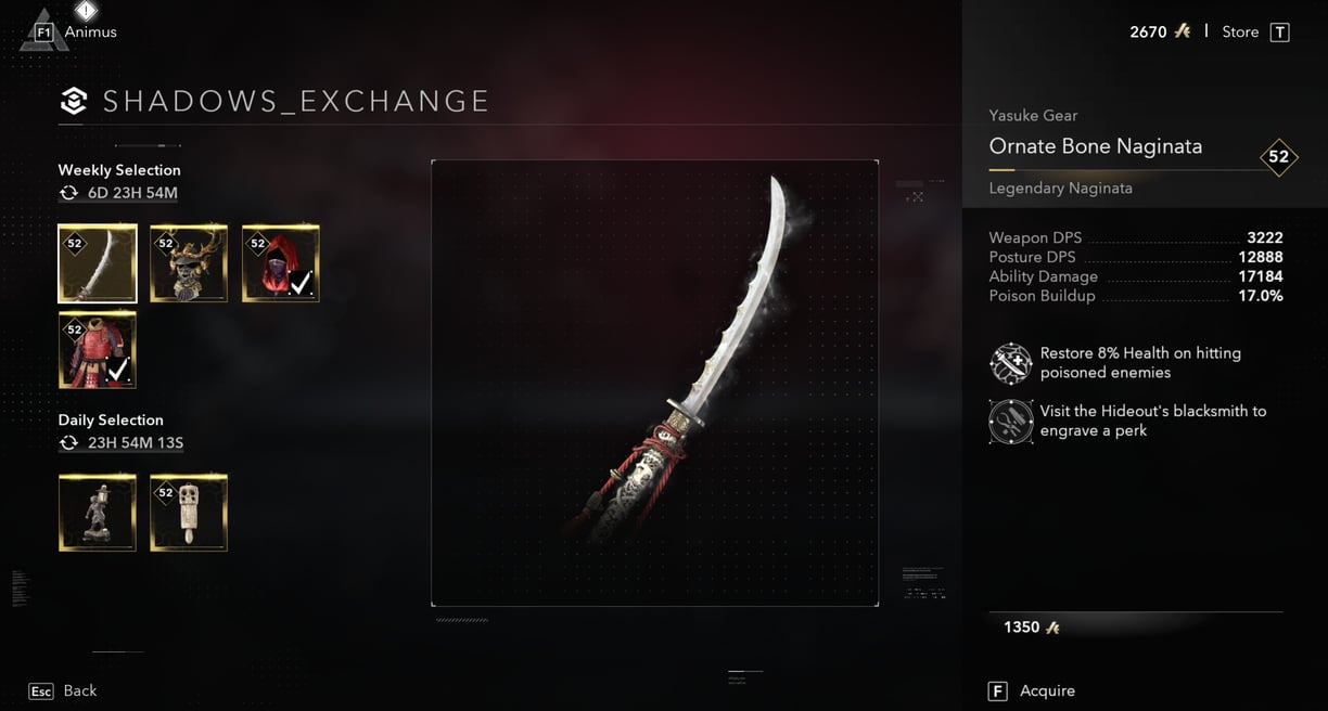 Ornate Bone Naginata legendary weapon in Assassin’s Creed Shadows