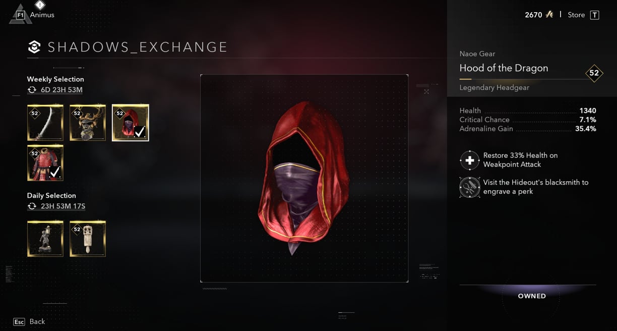 Hood of the Dragon legendary headgear in Assassin’s Creed Shadows