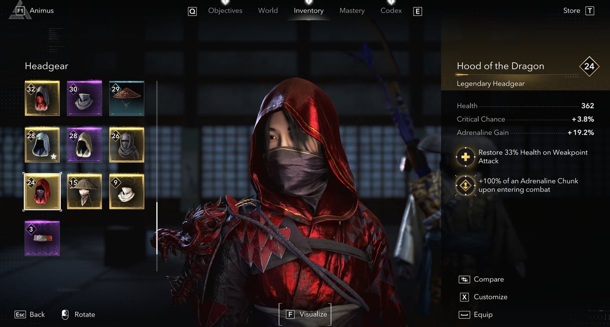 In game Hood of the Dragon legendary headgear in Assassin’s Creed Shadows