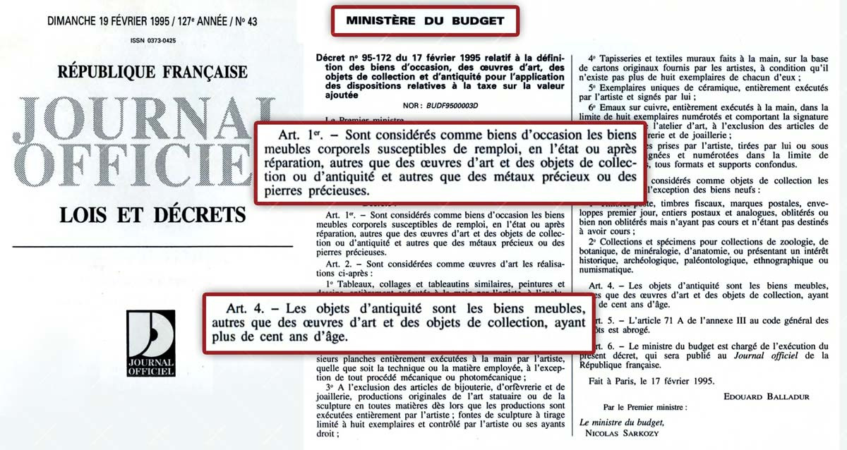 Décret n°95-172 définition légale des objets de brocante et d'antiquité