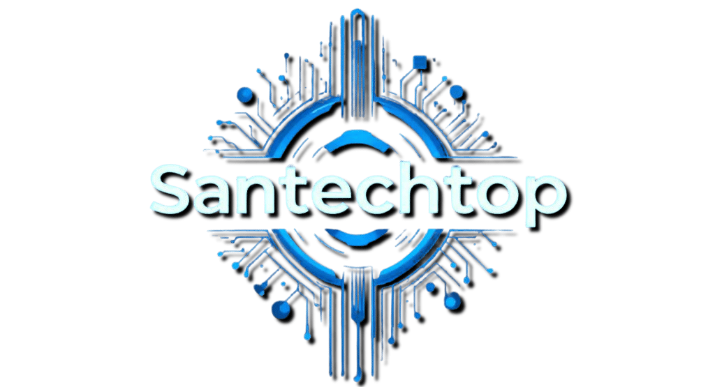 Logo escrito santechtop com a frase seu guia essencial de tecnologia e gadgets.