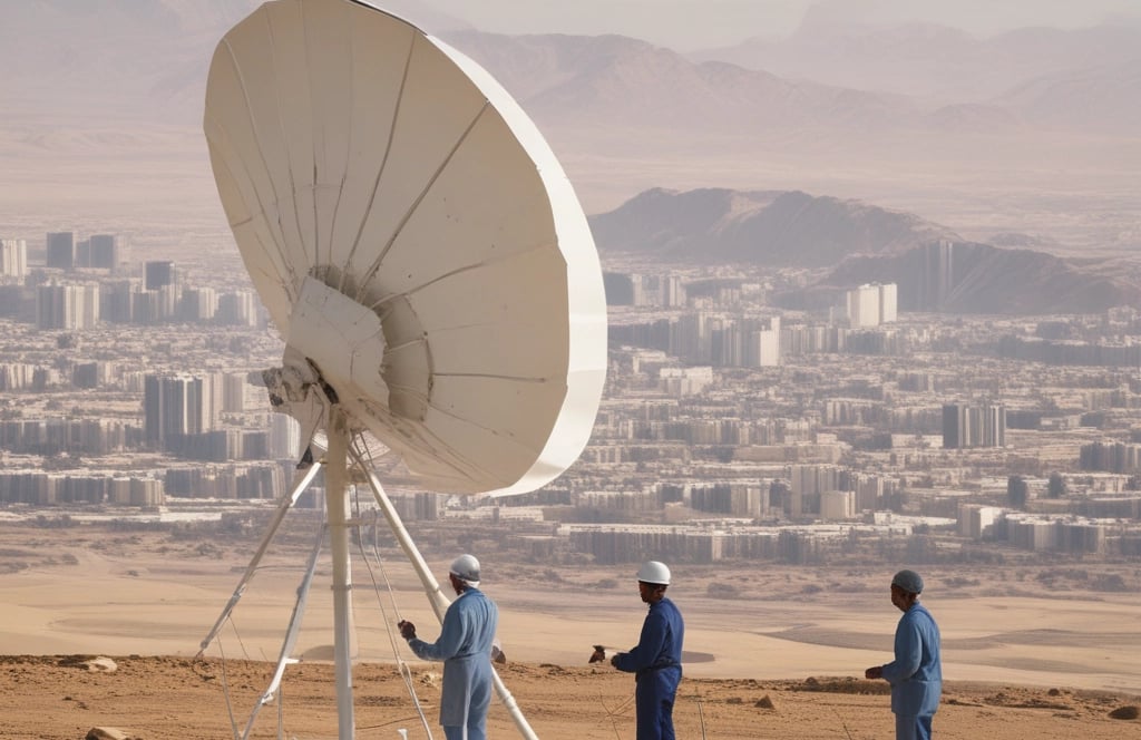 A large satellite dish antenna is positioned in . The structure is metallic and intricate, towering over the landscape. In the background, there are rolling hills or mountains under a clear blue sky. A few trees and buildings surround the antenna.