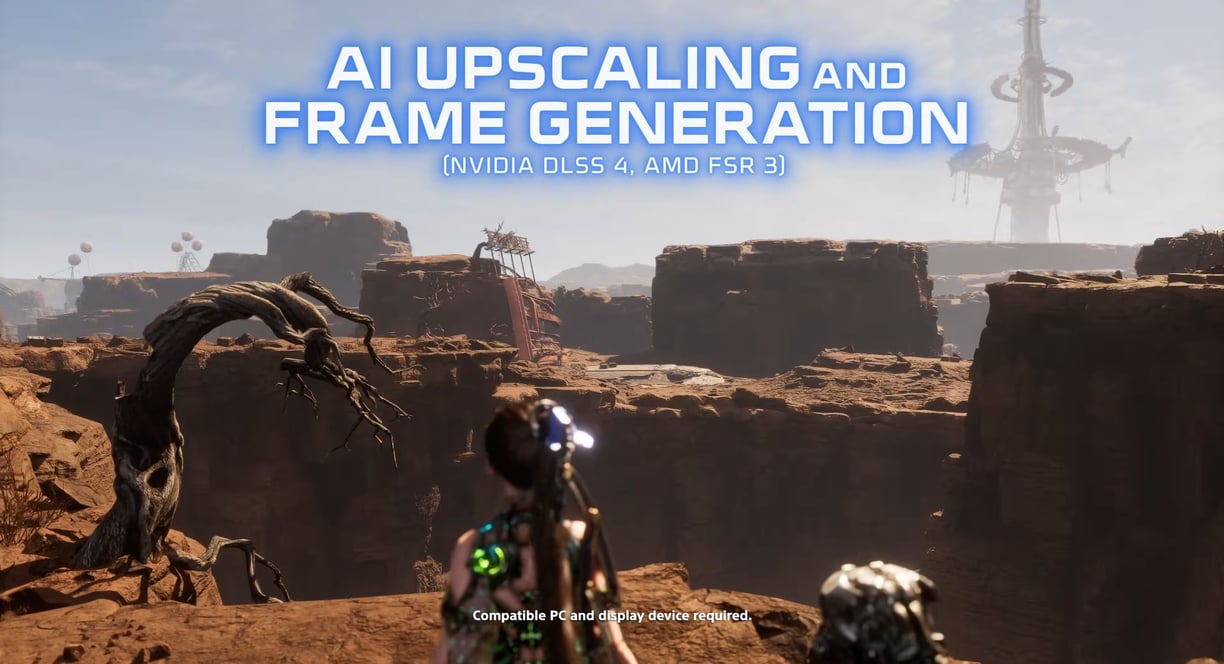 Stellar Blade PC gameplay showcasing enhanced graphics with AI upscaling and smooth frame generation