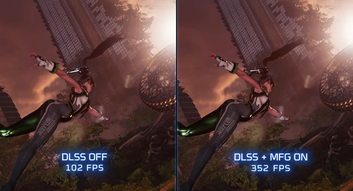 Stellar Blade PC comparison image showing DLSS Off vs DLSS On with Multi Frame Generation enabled, h