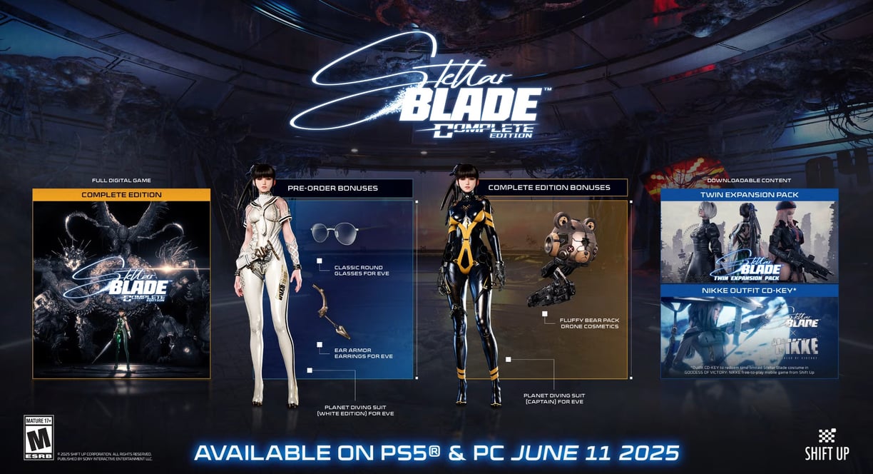 Stellar Blade PC pre-order and Complete Edition bonuses including exclusive outfits, accessories, an