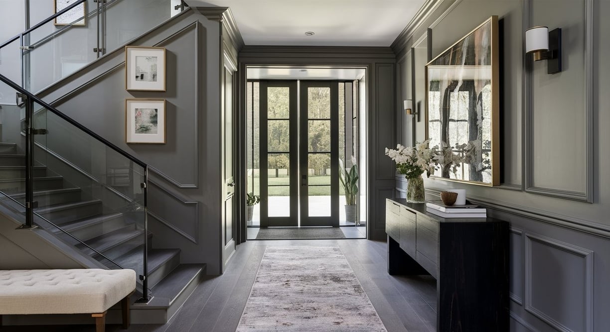 a hallway with a bench and a bench in the middle of the room